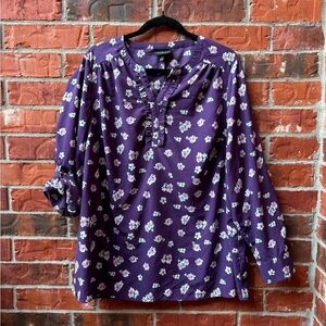 Lane Bryant 16 Purple Floral Sleeve Vneck Ruffle Long Roll Tab Career Blouse